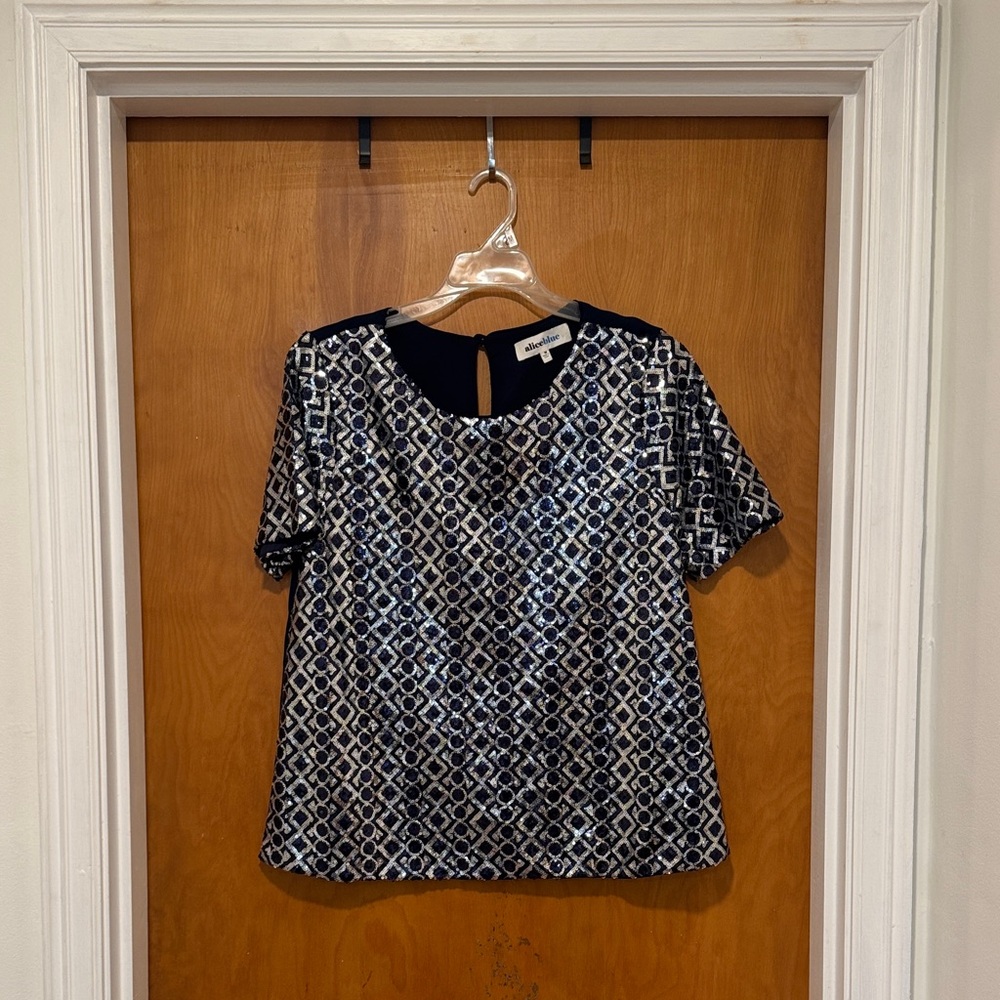 AliceBlue Navy and Silver Sequin Short-Sleeve Blouse